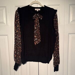 Nanette Lepore Black Knit Sweater with Floral Tie-Neck Sleeves